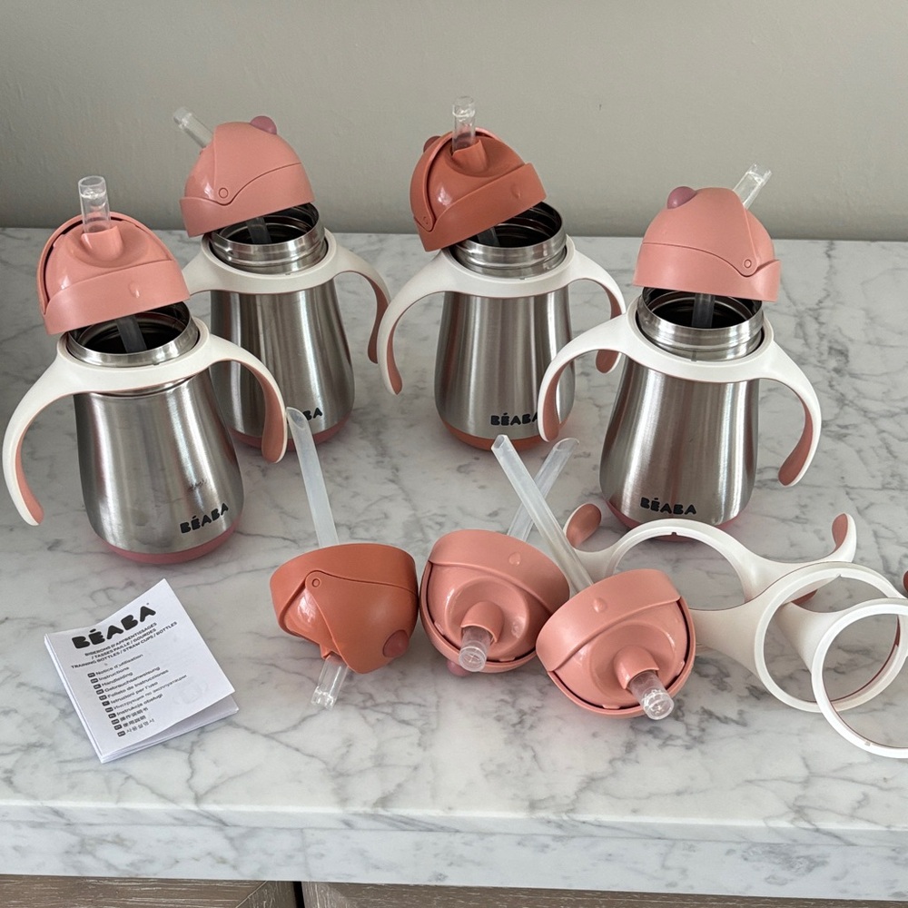 Beaba Stainless Steel Straw Sippy Cup Lot of 4 and 3 extra lids/handles